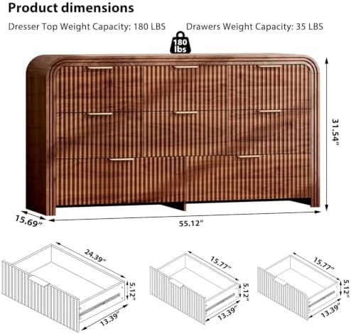 Ieejdn 55.12" Modern Chest of Drawer, 8 Deep Drawers,Clothes Organizer,Large Storage Cabinet for Living Room, Bedroom,Dresser TV Stand, Wood Drawer Organizer for Living Room, Hallway, Walnut