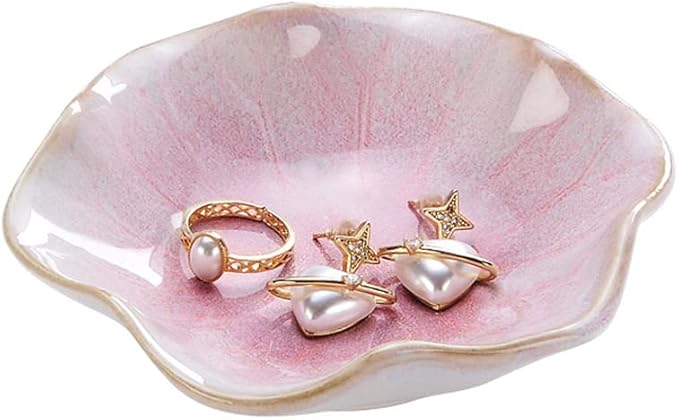 2PCS Lotus Leaf Shape Ring Holder Dish, Small Key Bowl, Ceramic Trinket Tray Jewelry Dish Organizing Necklace Earrings for Mom Friend Sister, All Jewelries Are NOT Included.Pink+Light Green.…