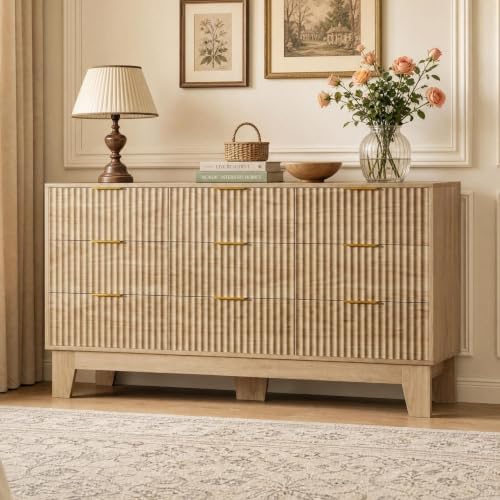 GarveeHome 59" Wide Fluted 9 Drawers Dresser, Oak