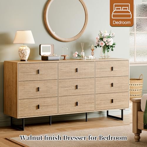 Chrangmay Modern Chest of Drawers with 9 Drawers,Deep Drawers,Clothes Organizer,Large Storage Cabinet for Living Room, Bedroom,Hallway,with Anti-Tipping Device,Natural
