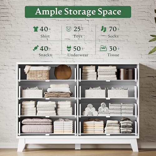 Xixini Fluted Dresser with 8 Drawers, 54" Wide Modern Chest of Drawers with Metal Handle, Wooden Dresser TV Stand, Wood Closet Clothes Storage Organizer for Bedroom, Living Room, Hallway, Solid White
