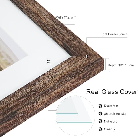 Hongkee 10x14 Picture Frame Set of 4, Made of Glass and Rustic Brown Wooden Frame, Display 8x12 Pictures with Mat or 30 x 40cm Diamond Painting Art without Mat for Wall Mounting, Gallery Photo Frames