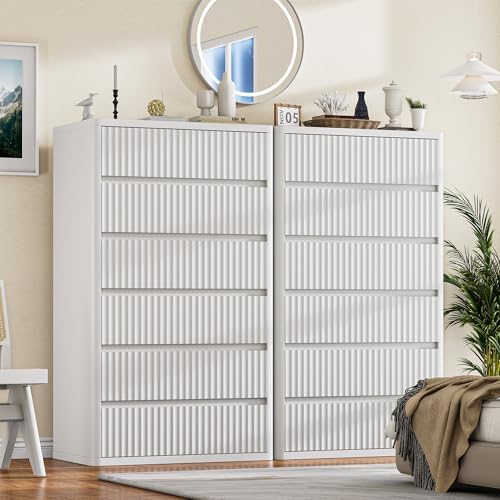 Standifurno White 56" Tall Dresser for Bedroom, Fluted Vertical Dresser with 6 Deep Drawers, Modern Chest of Drawers with Curved Profile, Wooden Drawer Organizer for Living Room, Hallway, Closet