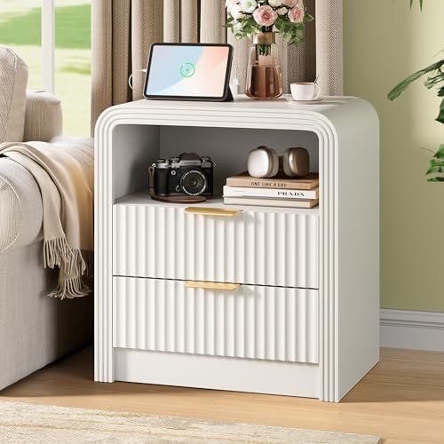 Decofy Fluted Nightstand Set of 2 with Charging Station, 2 Drawers, White