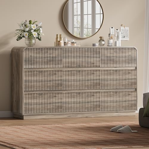 Wodeer Grey Dresser Fluted 9 Drawers Dresser for Bedroom, 59" Wide Wood Chest of Drawers with Hidden Handles & Rounded Corners, Modern TV Stand Storage Cabinet for Living Room, Hallway, Entryway, Gray