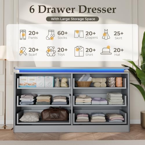 6 Drawer Dresser for Bedroom,47.24" Long Grey Chest of Drawers w/LED Lights
