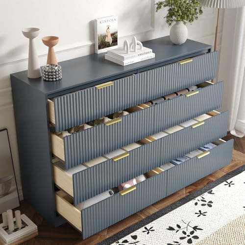 8 Drawer Dresser for Bedroom, Modern Fluted Double Dresser, 55" Wide Chest of Dressers, Mid Century Wooden Beside Table for Closet, Living Room and Entryway, Blue
