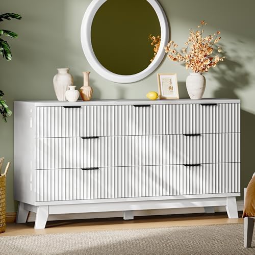Xixini Fluted Dresser with 7 Drawers, 58" Wide Modern Chest of Drawers with Metal Handle, Wooden Dresser TV Stand, Wood Closet Clothes Storage Organizer for Bedroom, Living Room, Hallway, Solid White
