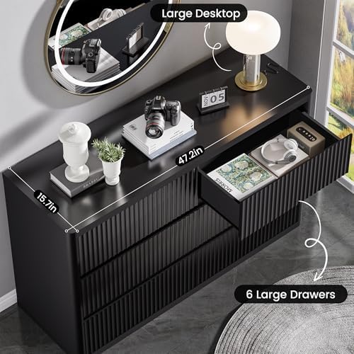 Standifurno Black 6 Drawers Double Dresser, Fluted Dresser for Bedroom, Modern Chest of Drawers with Handleless, Curved Profile Dressers TV Stand, Wood Storage Organizer for Living Room, Hallway