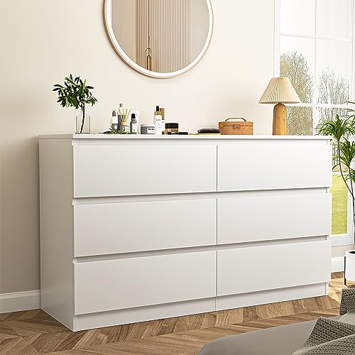Vibe & Dine White Dresser, Modern 6 Drawer Double Dresser for Bedroom, Wood Chest of Drawers with Wide Storage for Living Room