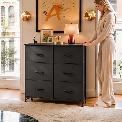 WLIVE Black Fabric Dresser for Bedroom, 6 Drawer Dressers Chest of Drawers