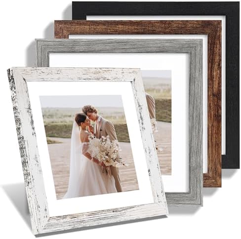 Hongkee 10x10 Picture Frame Set of 4, Made of Glass and Multicolour Wooden Frame, 10 by 10 Photo for Wall or Tabletop - Display Picture 8x8 with Mat or 10x10 Without Mat