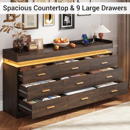 Farmhouse 9 Drawer Dresser with LED Light and Charging Station, Brown
