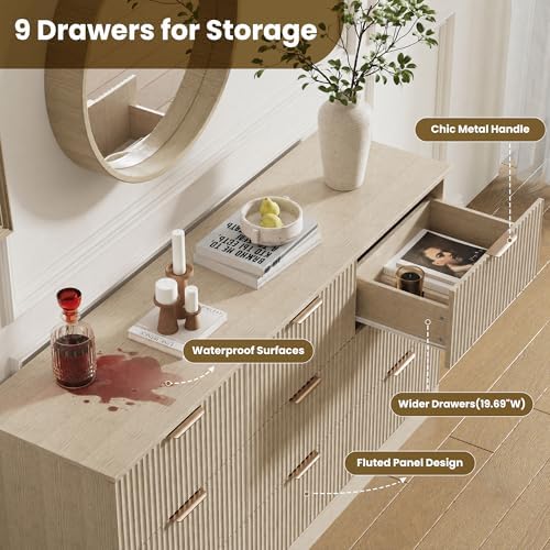 MALOL Fluted 9 Drawer Dresser for Bedroom, 59" Wide Wood Chest of Drawers with Metal Handle, Long Dresser Storage Organizer TV Stand for Closet, Living Room, Hallway, Natural Wood