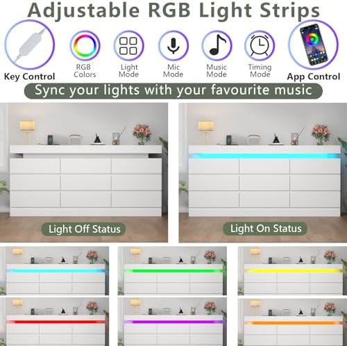 Gyfimoie 9 Drawer Dresser with Power Outlet, Modern Dresser with LED Light