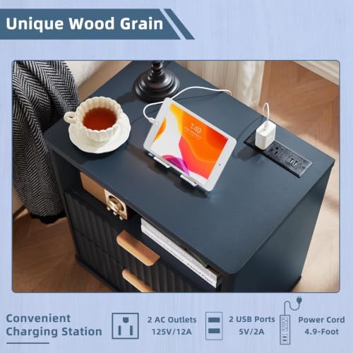 LEYAOYAO Fluted Nightstand with Charging Station, 23" Modern Night Stand with Woodgrain Top, 2 Drawer End Table w/Storage, Bedside Tables for Bedroom, Living Room, Curved Profile Design, Blue