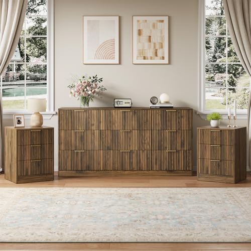 9 Drawer Dresser & 3-Drawer Nightstand Set 3-Piece, Walnut丨63 Long Dresser Set Night Stand Set of 2 with Metal Handle, Modern Wood Chest of Drawers Storage Dressers Set for Bedroom