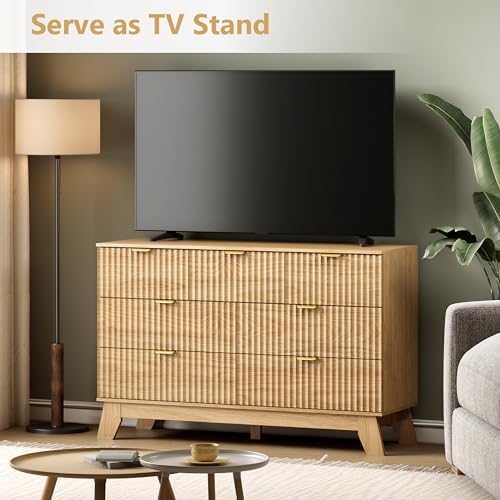 Wodeer 7 Drawer Fluted Dresser for Bedroom, Mid Century Modern Wooden Dresser with 7 Drawers, Dressers & Chests of Drawers with Metal Handle, TV Stand & Storage Organizer for Entryway, Hallway, Oak
