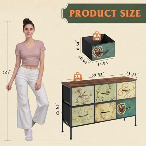 WLIVE Dresser for Bedroom with 6 Fabric Drawers, Floral Painted