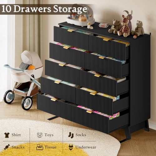 BORNOON 46" Tall Dresser for Bedroom, 10-Drawer Fluted Chest of Drawers, Modern Wood Highboy with Metal Slides and Handles, Anti-Tip Kit, Vertical Clothes Storage Organizer for Apartment, Closet