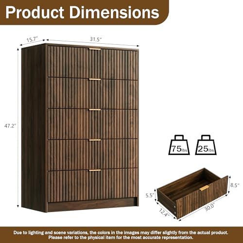Furniway Walnut Dresser for Bedroom, Tall Dresser with 5 Drawers and Smooth Slides, Modern Chest of Drawers with Golden Handles for Bedroom, Living Room, Closet, 15.7" D x 31.5" W x 47.2" H