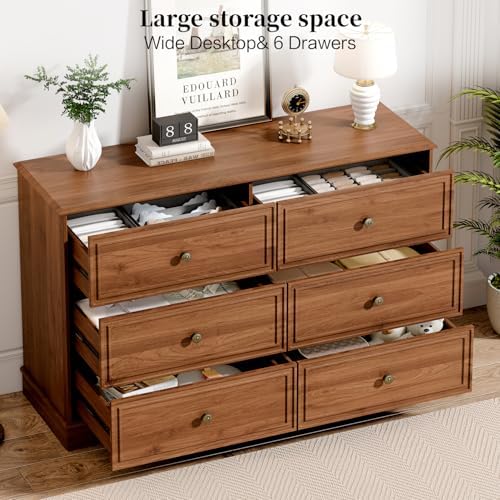 Chrangmay Modern Chest of Drawers with 6 Drawers,Deep Drawers,Clothes Organizer,Large Storage Cabinet for Living Room, Bedroom,Hallway,with Anti-Tipping Device, Brown
