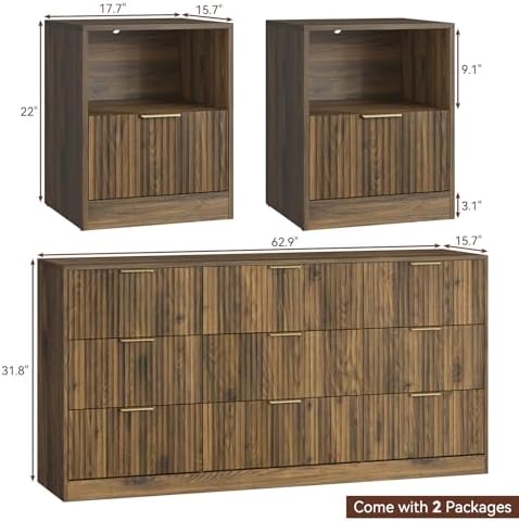 3-Piece 9 Drawer Dresser and 1-Drawer Nightstand Set, Walnut丨63 Wide Fluted Bedroom Dresser Set Night Stand Set of 2, Modern Wood Chest of Drawers Storage Dressers Set for Bedroom