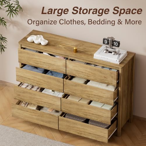 Furniway 55" Wide 8 Drawer Wood Dresser for Bedroom with Legs, Natural Oak