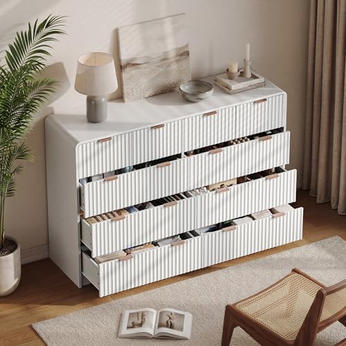 HOUROM 55“ Wide White Fluted Dresser for Bedroom with 10 Drawers