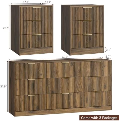 9 Drawer Dresser & 3-Drawer Nightstand Set 3-Piece, Walnut丨63 Long Dresser Set Night Stand Set of 2 with Metal Handle, Modern Wood Chest of Drawers Storage Dressers Set for Bedroom