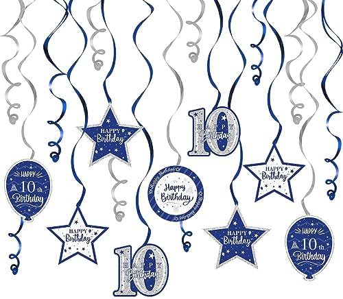Happy 10th Birthday Blue & Silver Glitter Swirls Streamers Party Decorations - 15 Pcs 10th Birthday Hanging Swirls Streamers Kit,Cheers to Ten Years Old Bday Party Sign.