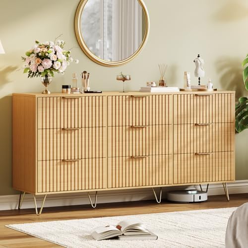 Garvee 63" Wide Fluted Dresser for Bedroom with 9 Drawers, Modern Wooden Chest of Drawers with Metal Handles, Large Clothes Storage Organizer & TV Stand for Living Room, Closet, Hallway, Oak Finish