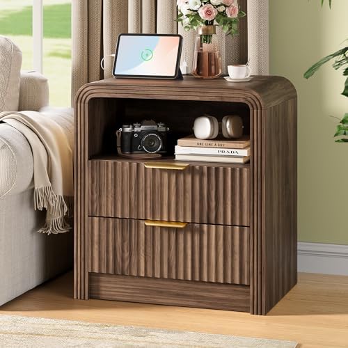 Decofy Fluted Nightstand Set of 2 with Charging Station, 2 Drawers, Walnut