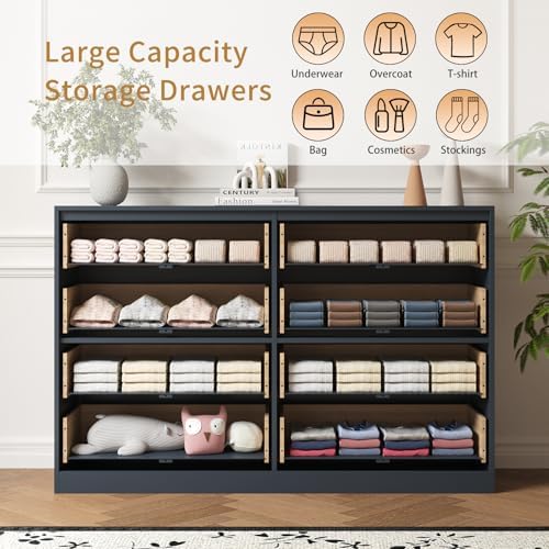 8 Drawer Dresser for Bedroom, Modern Fluted Double Dresser, 55" Wide Chest of Dressers, Mid Century Wooden Beside Table for Closet, Living Room and Entryway, Blue