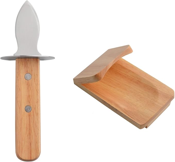 StnKitchExplor Oyster Knife Shucker Set Oyster Shucking Knife with Wooden holder Oyster Shucking Clamp Seafood Tools (Brown)
