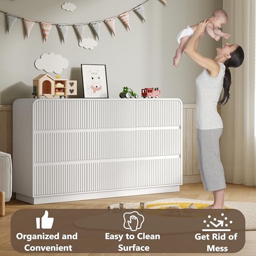BORNOON Dresser for Bedroom with 9 Drawers, Fluted Chest of Drawers with Round Curved Corner, Hidden Handles, Modern Wood Storage Organizer for Bedroom, Nursery, Living Room