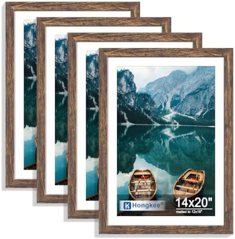 Hongkee 14x20 Frame Set of 4, 14 x 20 Rustic Brown Wood Style(Mat 12x18)
