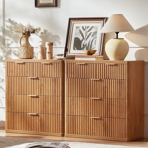 LEYAOYAO Fluted 5 Drawers Dresser for Bedroom Set of 2, 34" Tall Modern Chest of Drawers with Metal Handle, Curved Profile Design,Brown Wood Drawer Organizer for Bedroom, Living Room, Hallway