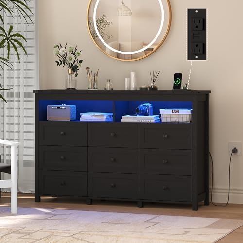 Wodeer 9 Drawer Dresser for Bedroom with LED Lights, Charging Station, Wood Chest of Drawers with Metal Handles, Modern TV Stand & Storage Organizer for Living Room, Hallway, Black