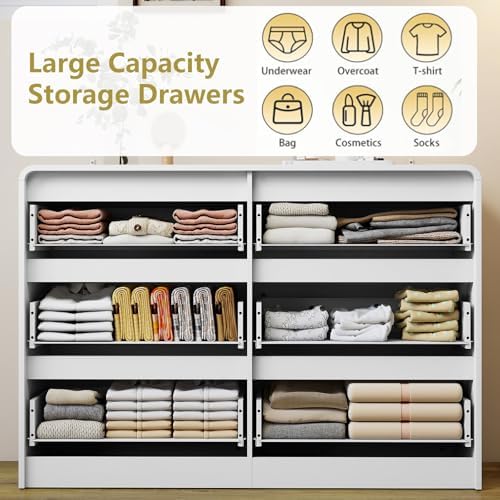White 6 Drawer Dresser for Bedroom,Modern Deep Drawer Dresser with Curved Corner and No-Handle Design,Storage Wide Chest of Drawer,Wood Bedroom Storage Furniture for Closet,Nursery