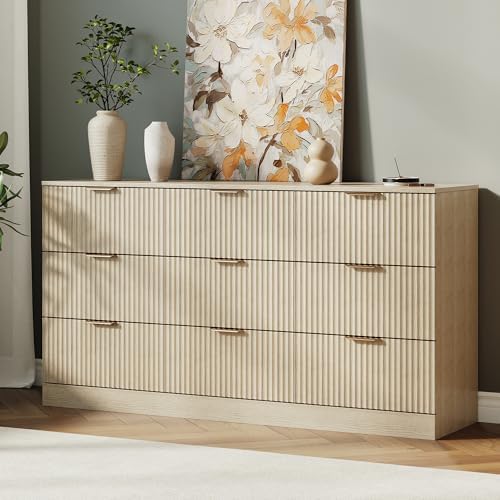 MALOL Fluted 9 Drawer Dresser for Bedroom, 59" Wide Wood Chest of Drawers with Metal Handle, Long Dresser Storage Organizer TV Stand for Closet, Living Room, Hallway, Natural Wood