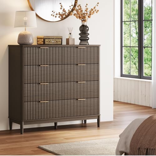 LINSY HOME Fluted Dresser for Bedroom with 8 Drawers, 47" Wide Mid Century Modern Dressers, Tall Boho Chest of Drawer, Large Wood Accent Storage Cabinet for Living Room, Curved Profile Design, Walnut