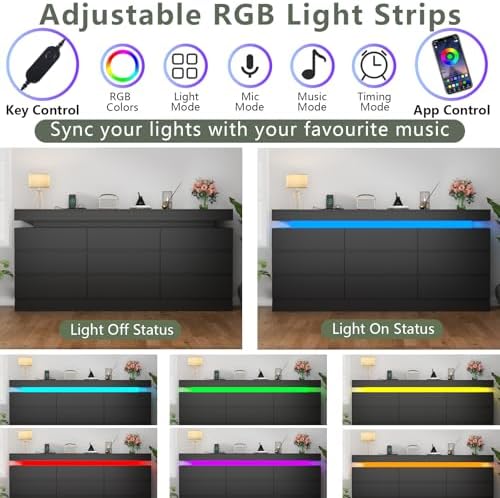 Gyfimoie 9 Drawer Dresser with Power Outlet, Modern Dresser with LED Light