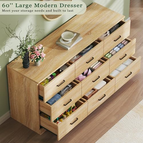 HUAHUU 9 Drawer Dresser for Bedroom, 60'' Long Mid Century Modern Dressers TV Stand, Wood Vintage Chests of Drawers, Large Storage Organizer for Bedroom, Closet, Entryway, Natural Oak