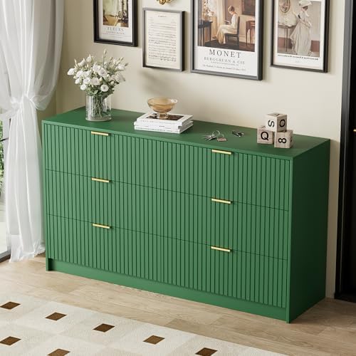 Furniway Green Dresser for Bedroom, Modern Dresser with 6 Drawers and Smooth Slides, Wide Chest of Drawers with Golden Handles for Bedroom, Living Room, Closet, 15.7" D x 55.1" W x 31.4" H