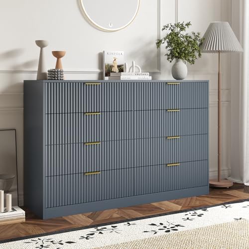 8 Drawer Dresser for Bedroom, Modern Fluted Double Dresser, 55" Wide Chest of Dressers, Mid Century Wooden Beside Table for Closet, Living Room and Entryway, Blue