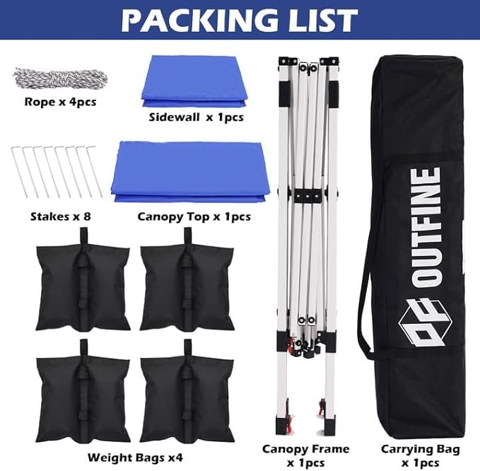 OUTFINE Canopy 10'X10' Slant Leg Pop Up Canopy, Outdoor Patio Portable Tent with Sidewall x1, Stakes x8, Ropes x4, 10x10 Base 8x8 Top
