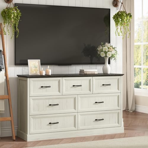 Farmhouse 7 Drawer Dresser for Bedroom, 55" White Dresser with TV Stand