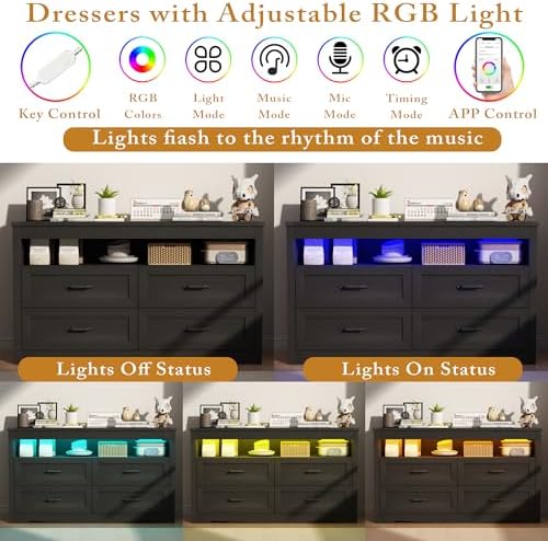 Wodeer Black Dresser for Bedroom, Wood 4 Drawer Dresser with LED Light, Dressers & Chests of Drawers with Metal Handles, Storage and Organization for Bedroom, Hallway, Entryway