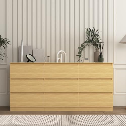 Vibe & Dine 9 Drawer Dresser, 59.1" Long Dresser for Bedroom Free Handle, Modern Wooden Chest of Drawers with Wide Storage for Living Room, Natural Wood